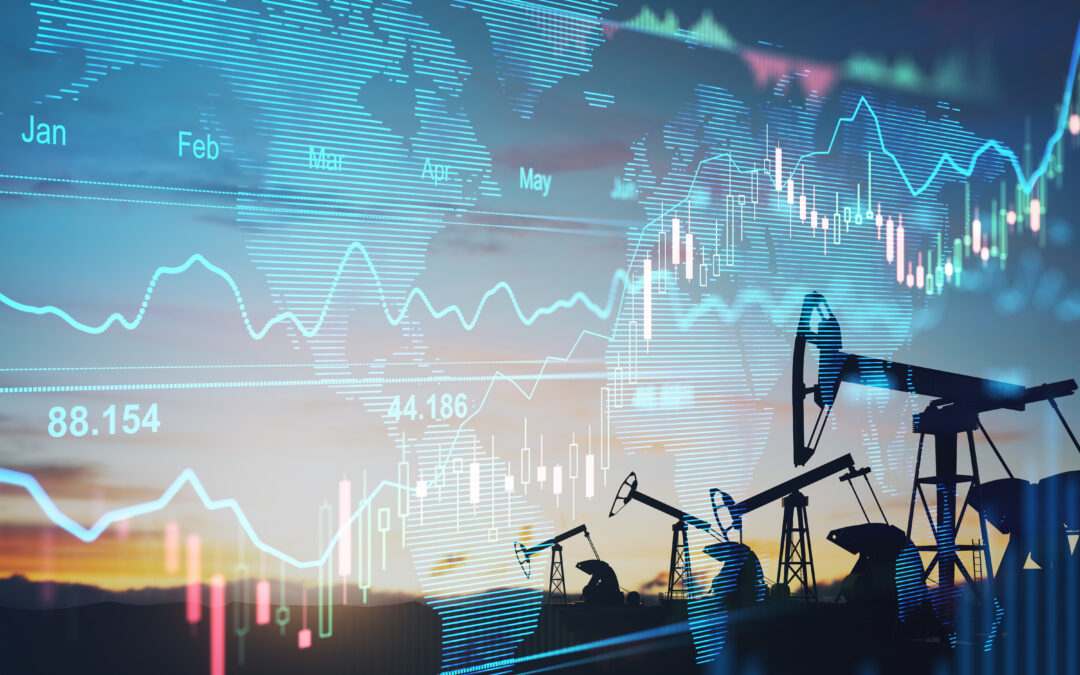 Oil pumps against a global map with financial charts showing market volatility and energy price movements